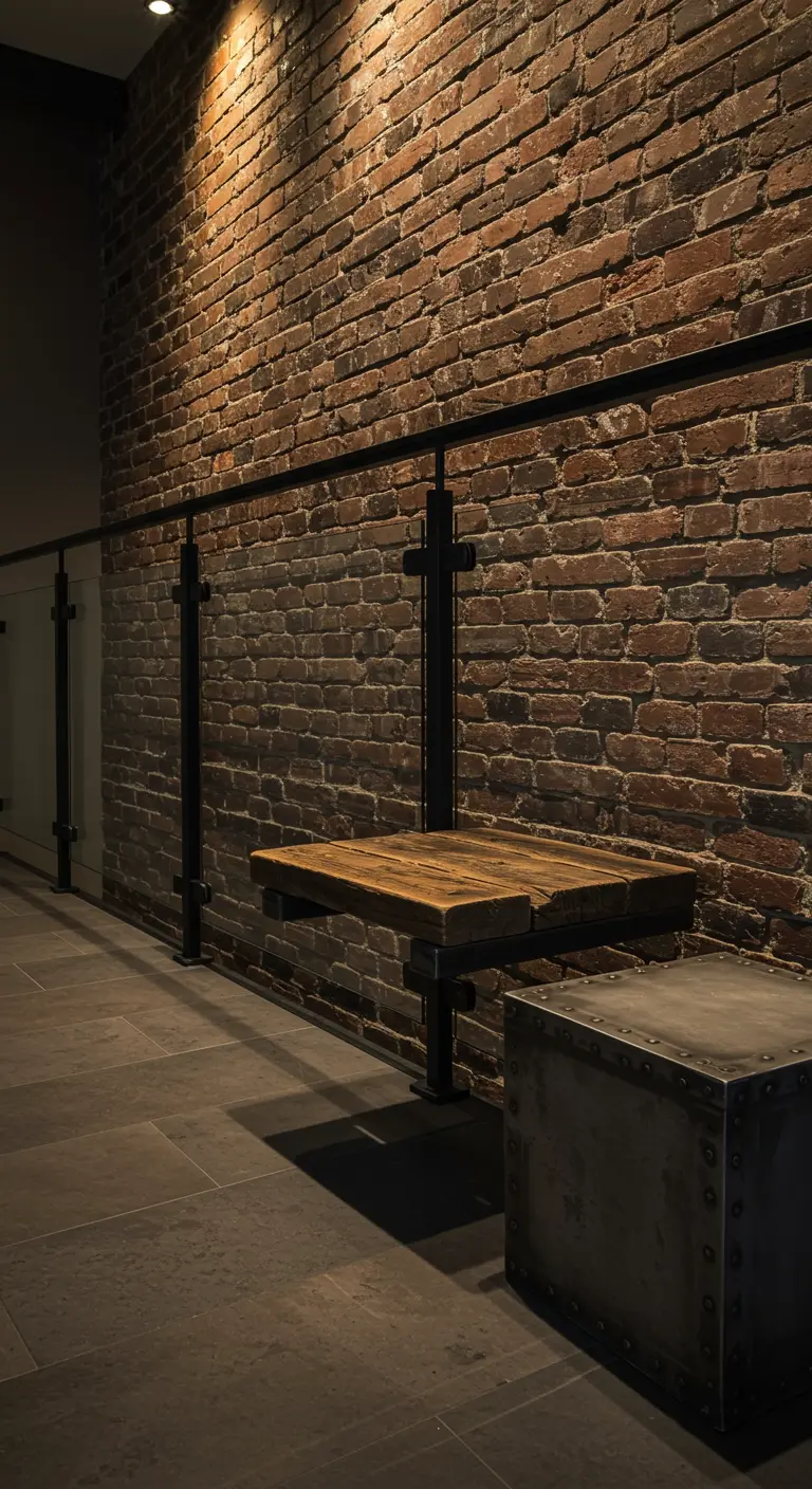 A floating reclaimed wood bench mounted on an exposed brick wall.