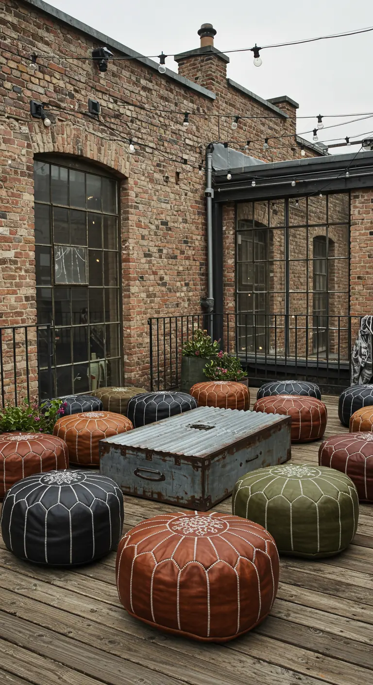 Leather poufs in brown, black, and green on a wood deck against a brick building.