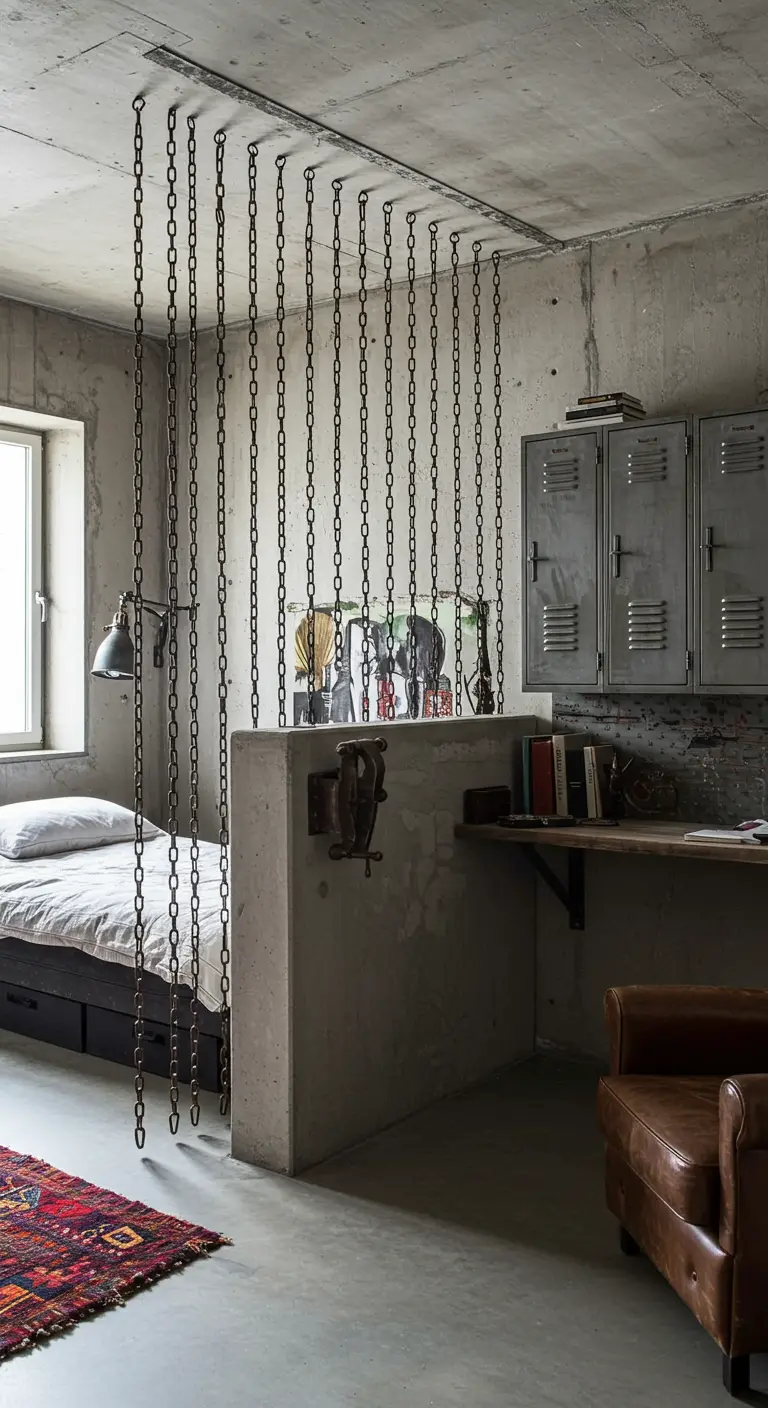 An industrial loft uses hanging metal chains as a curtain to divide the bedroom.