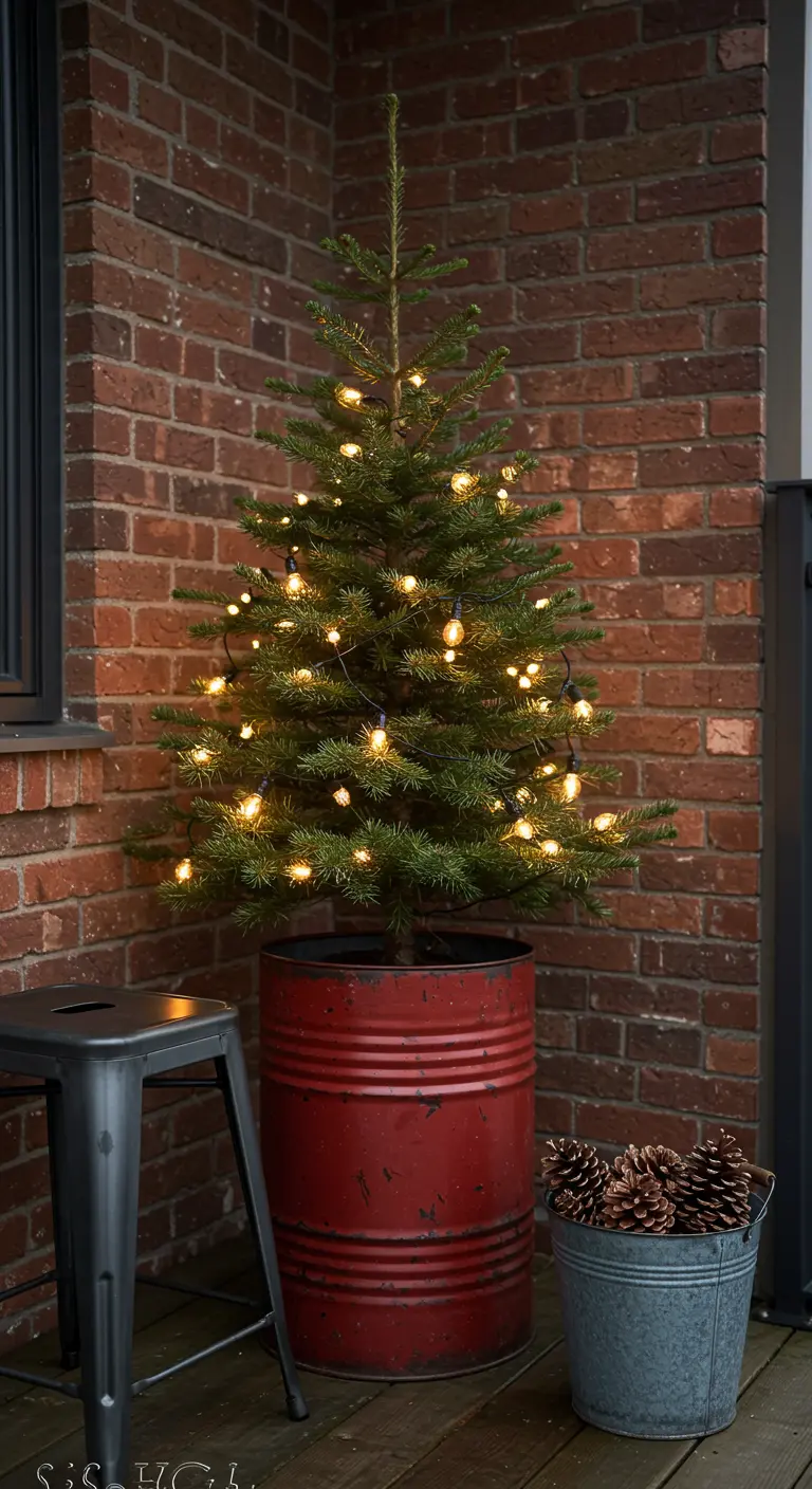 A mini Christmas tree in a repurposed red oil drum next to a metal stool.