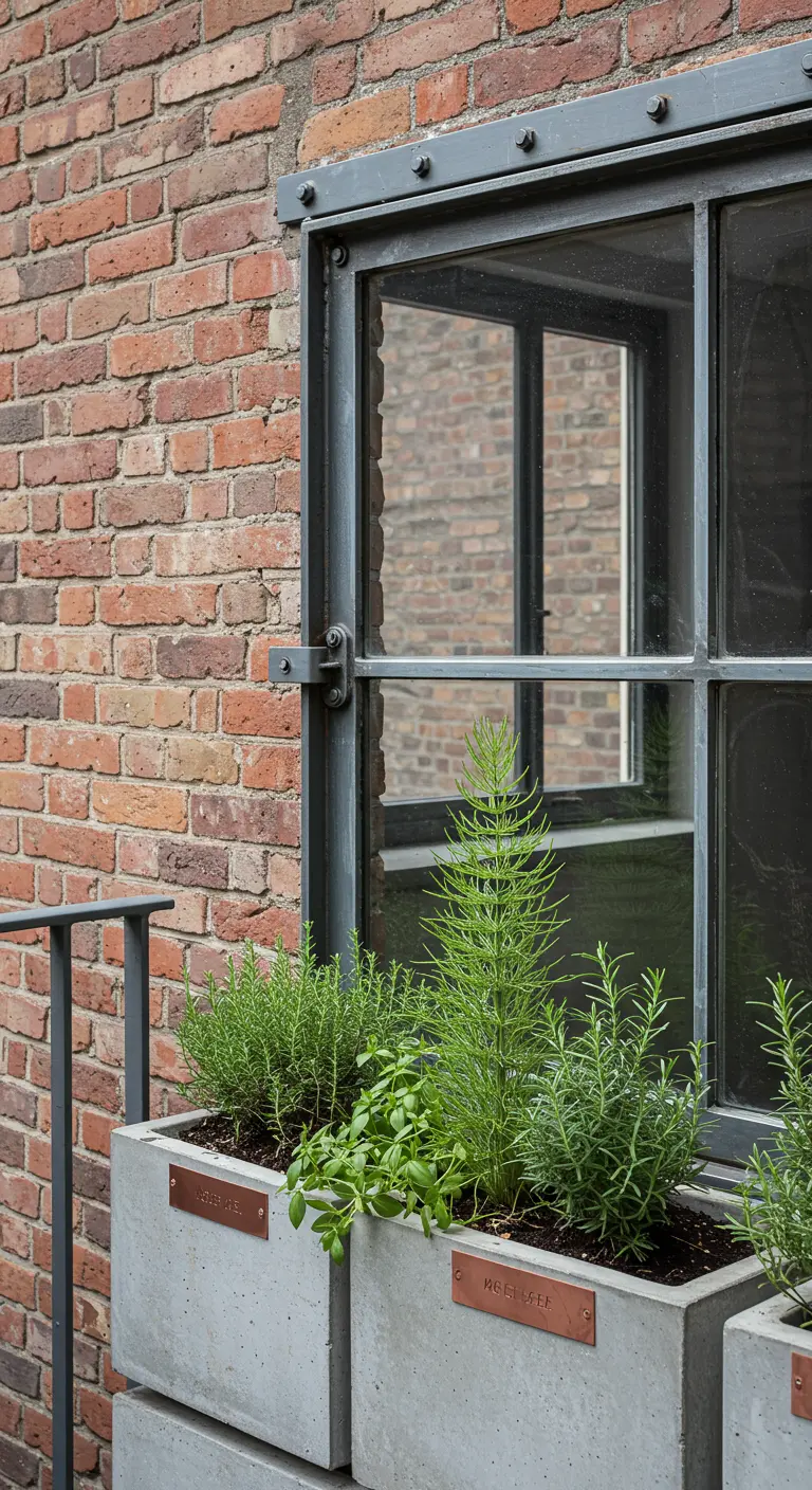 An industrial metal window frame with concrete planters holding rosemary against a brick wall.