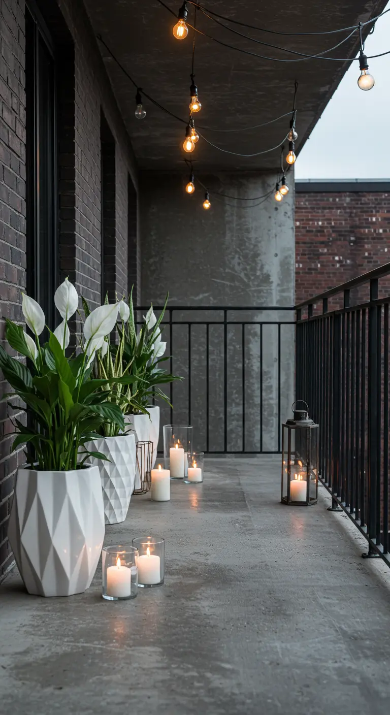 An industrial balcony with geometric planters holding peace lilies and a single black lantern.