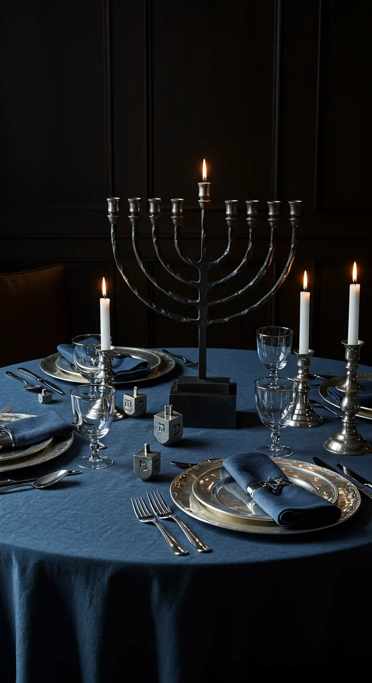 A moody Hanukkah table with a dark tablecloth and a heavy, wrought-iron menorah centerpiece.