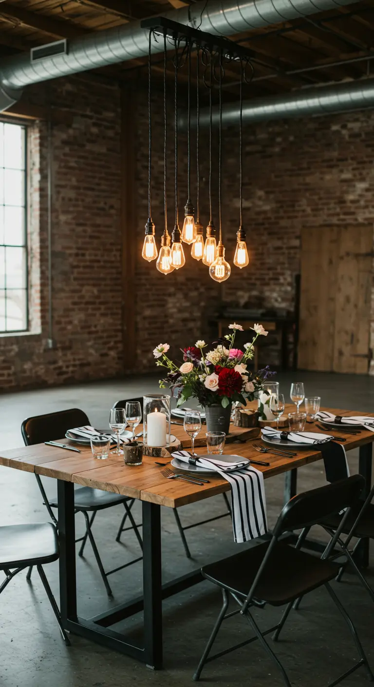 Industrial dining table under hanging Edison bulbs with striped napkins.