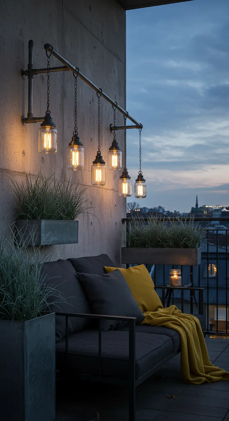 Modern balcony with an industrial pipe light fixture and a grey sofa with yellow accents.