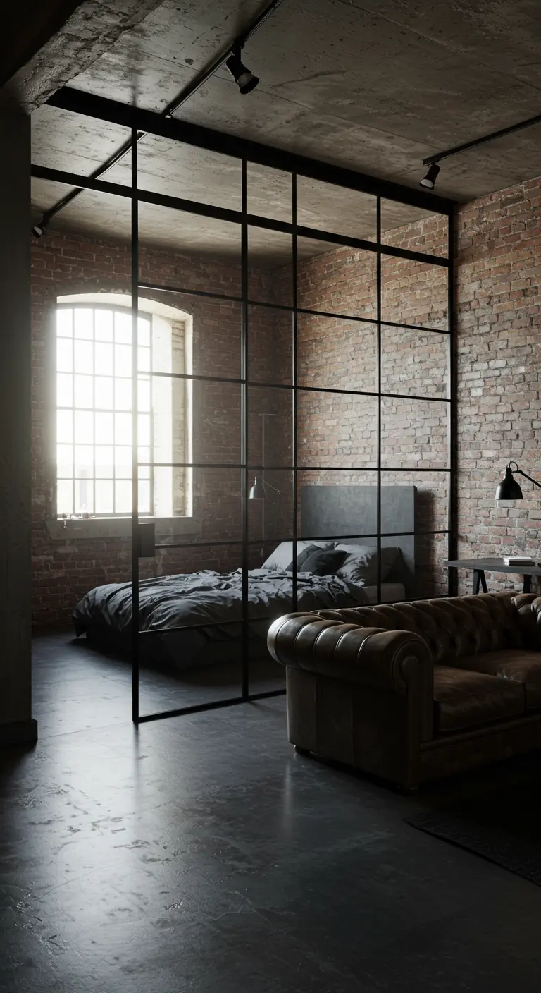 Industrial studio with exposed brick and a black-framed glass wall separating the bedroom.
