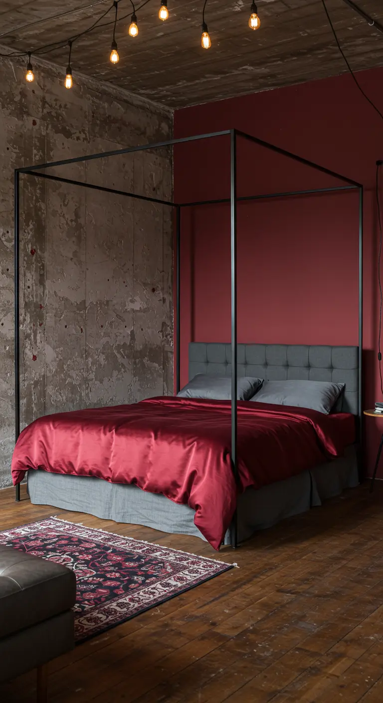 Industrial bedroom with concrete walls and a black canopy bed with red satin linens.
