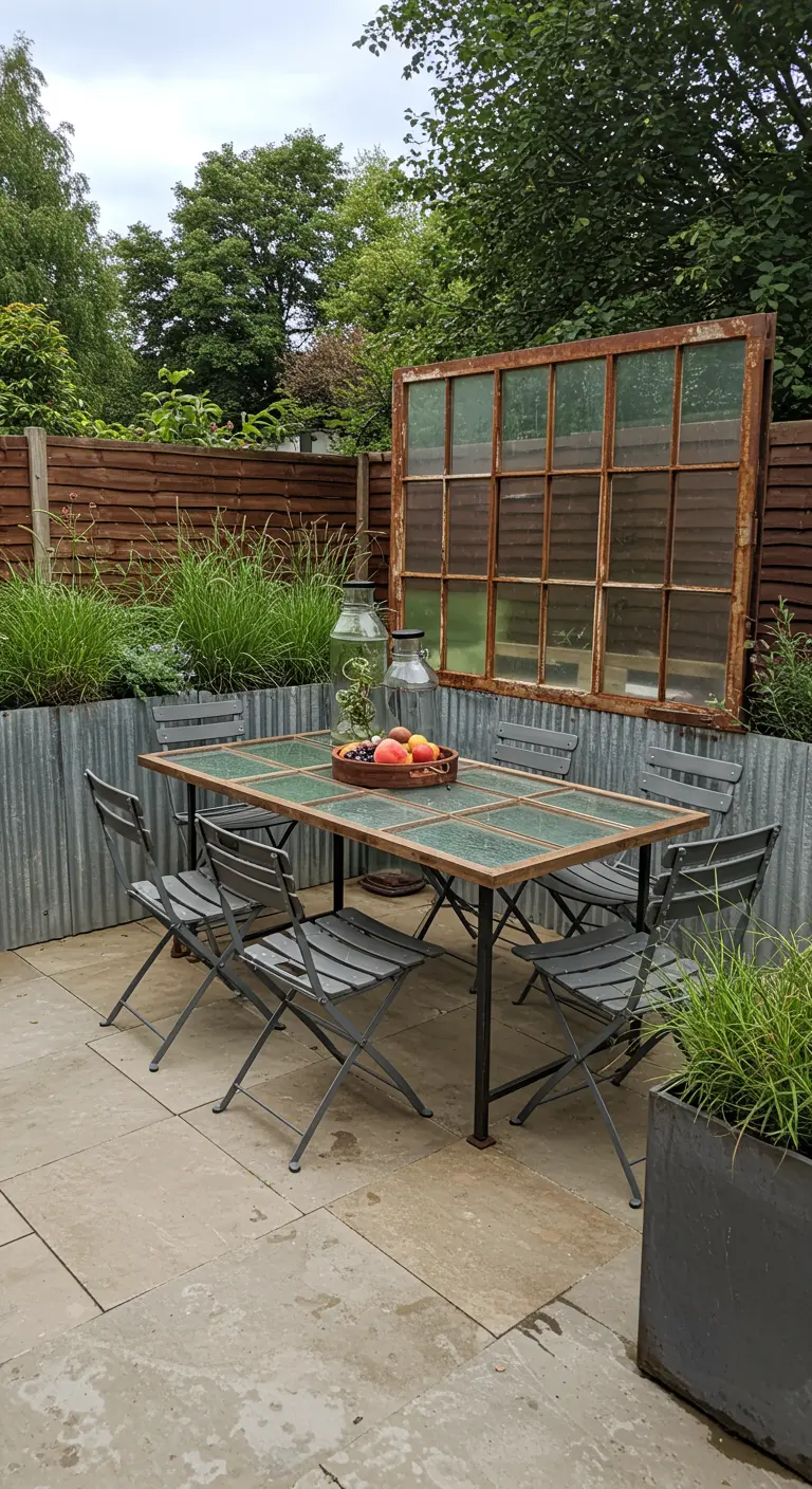A weathered window sits behind a table with a green tiled top, surrounded by industrial-style chairs.