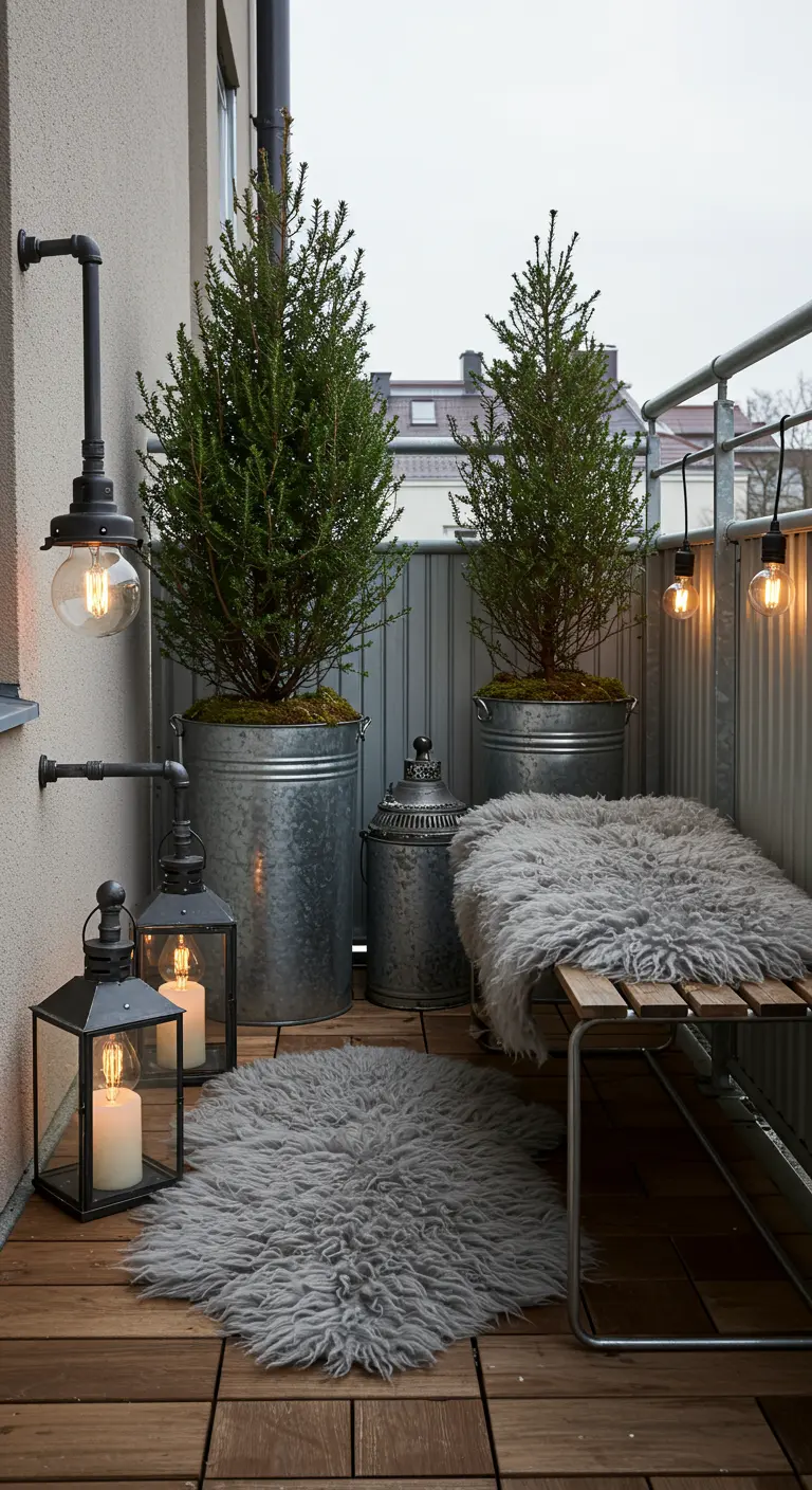 An industrial-style balcony with galvanized metal planters and a grey sheepskin rug.
