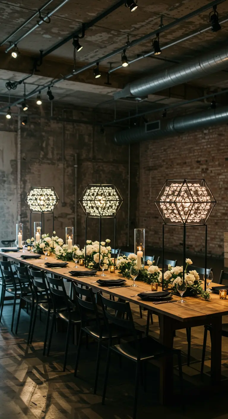 Industrial loft with long wooden tables, geometric black centerpieces filled with crystals.
