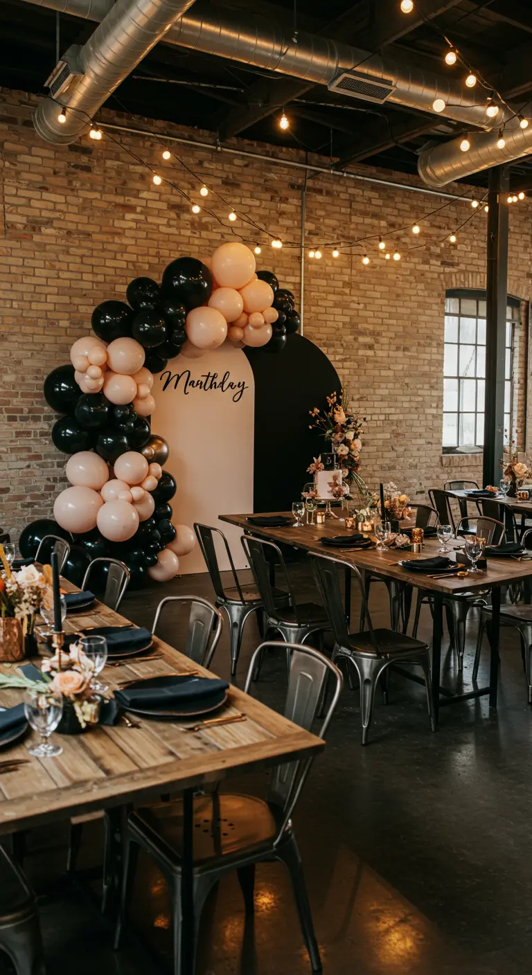 A party in an industrial loft with a balloon arch framing a modern backdrop.