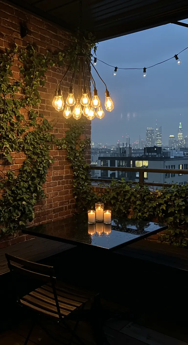 A moody rooftop with a cluster of Edison bulbs over a table and ivy on a brick wall.