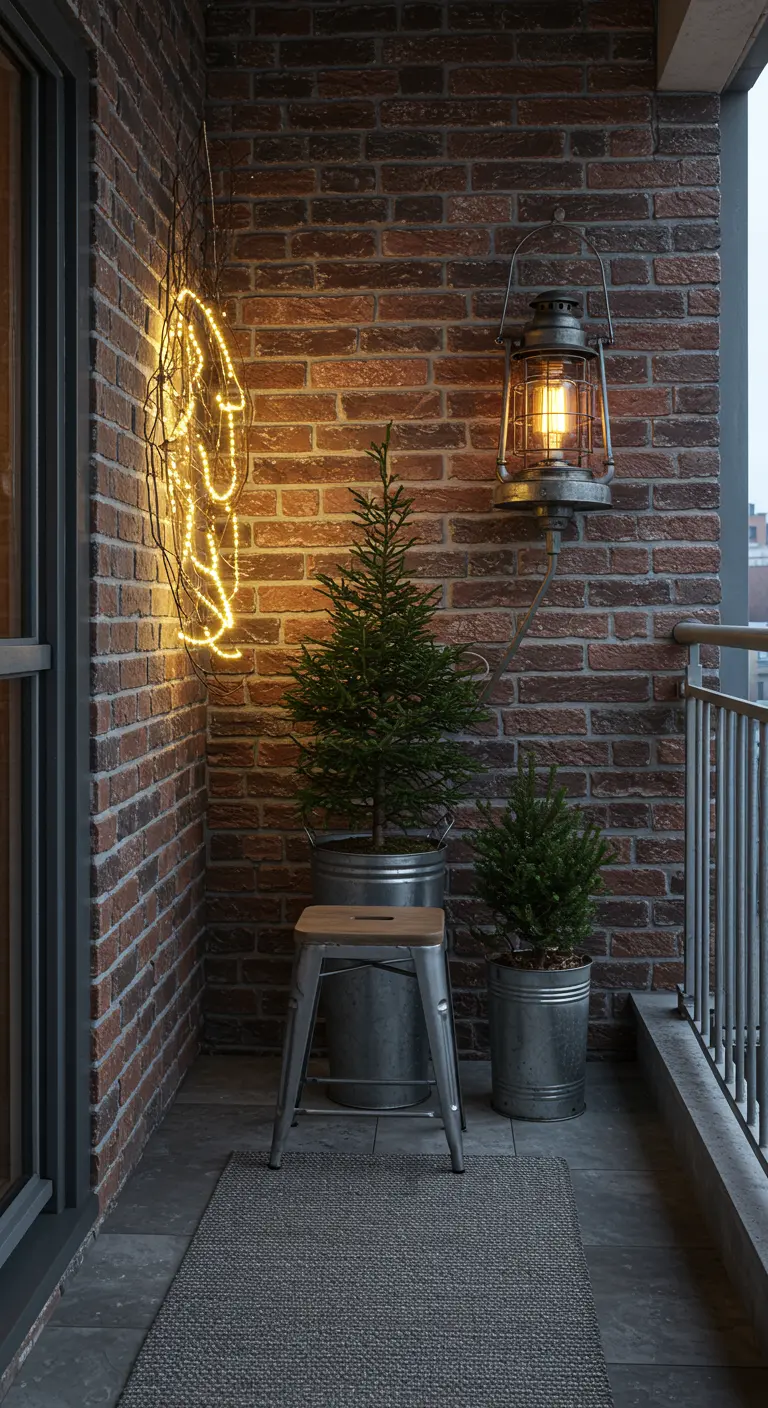 An industrial-style balcony with a brick wall, metal planters, and a neon light sign.