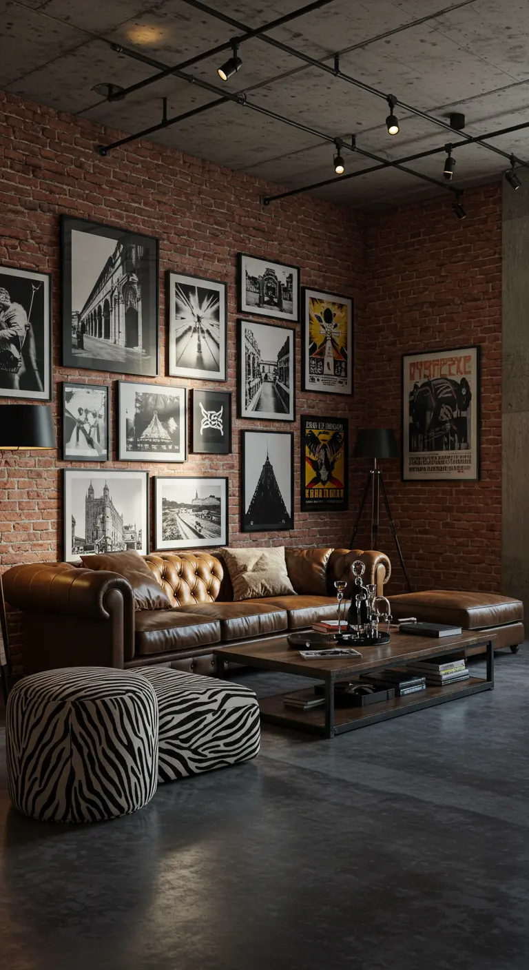 Industrial living room with a brick wall, leather sofa, and a black-and-white photography gallery wall.