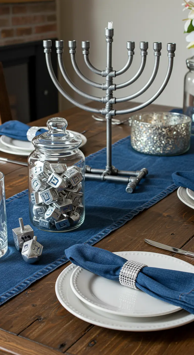 A modern Hanukkah table with an industrial pipe menorah, denim runner, and jar of dreidels.