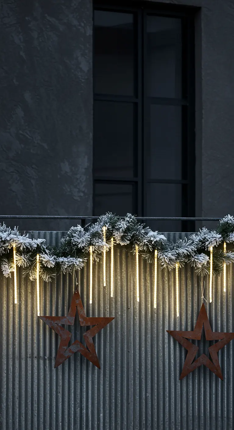 A flocked garland on a metal balcony with dripping icicle lights and rusty metal stars.