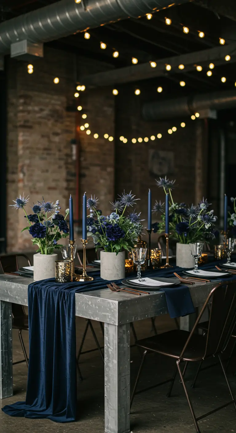 An industrial metal table with a navy velvet runner and blue thistle in concrete pots.