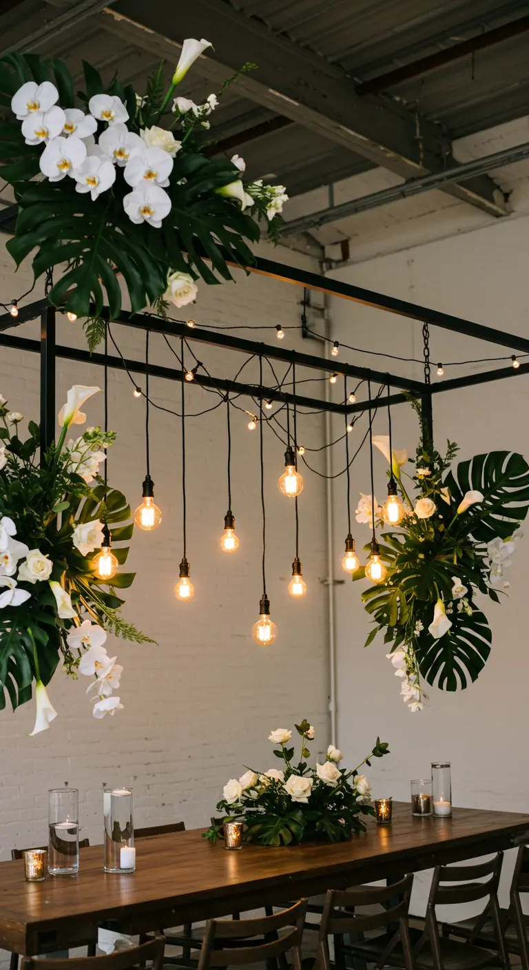 An industrial metal light fixture adorned with monstera leaves and white orchids.