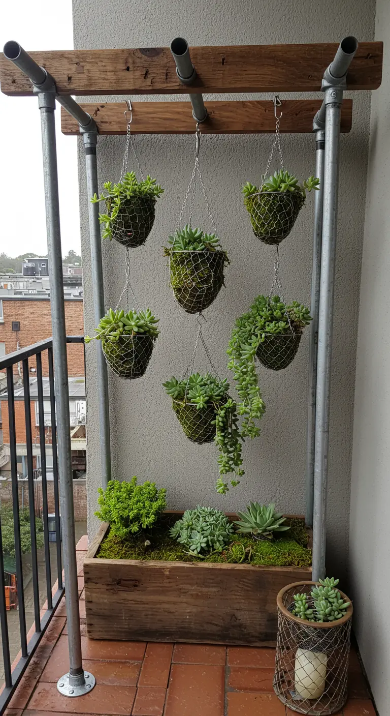 A balcony planter made of industrial pipes, with hanging moss baskets filled with succulents.