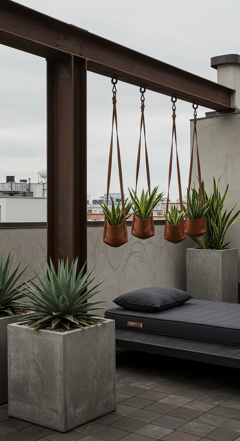 Industrial rooftop with concrete planters, agave plants, and leather hanging planters.
