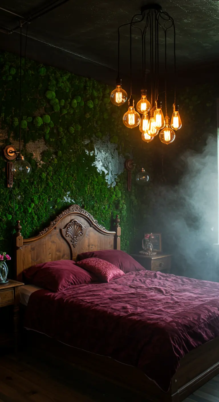 A dark, moody bedroom with a moss wall, a wood bed, and a cluster of Edison bulb lights.