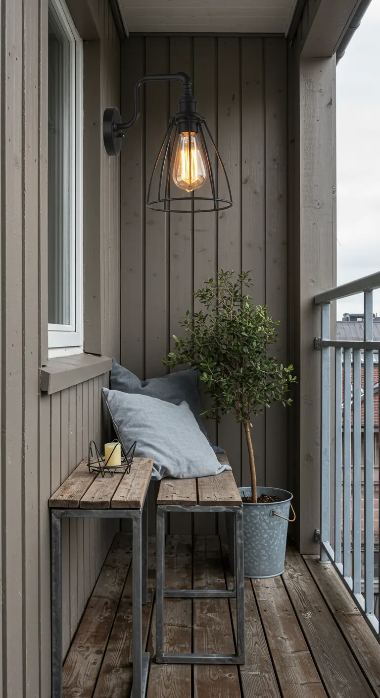 Balcony with industrial metal-frame benches, a caged sconce, and an olive tree in a metal pot.