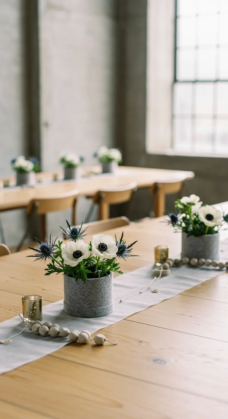 Grey felt hatbox centerpiece with white anemones and blue thistle on a wooden table.