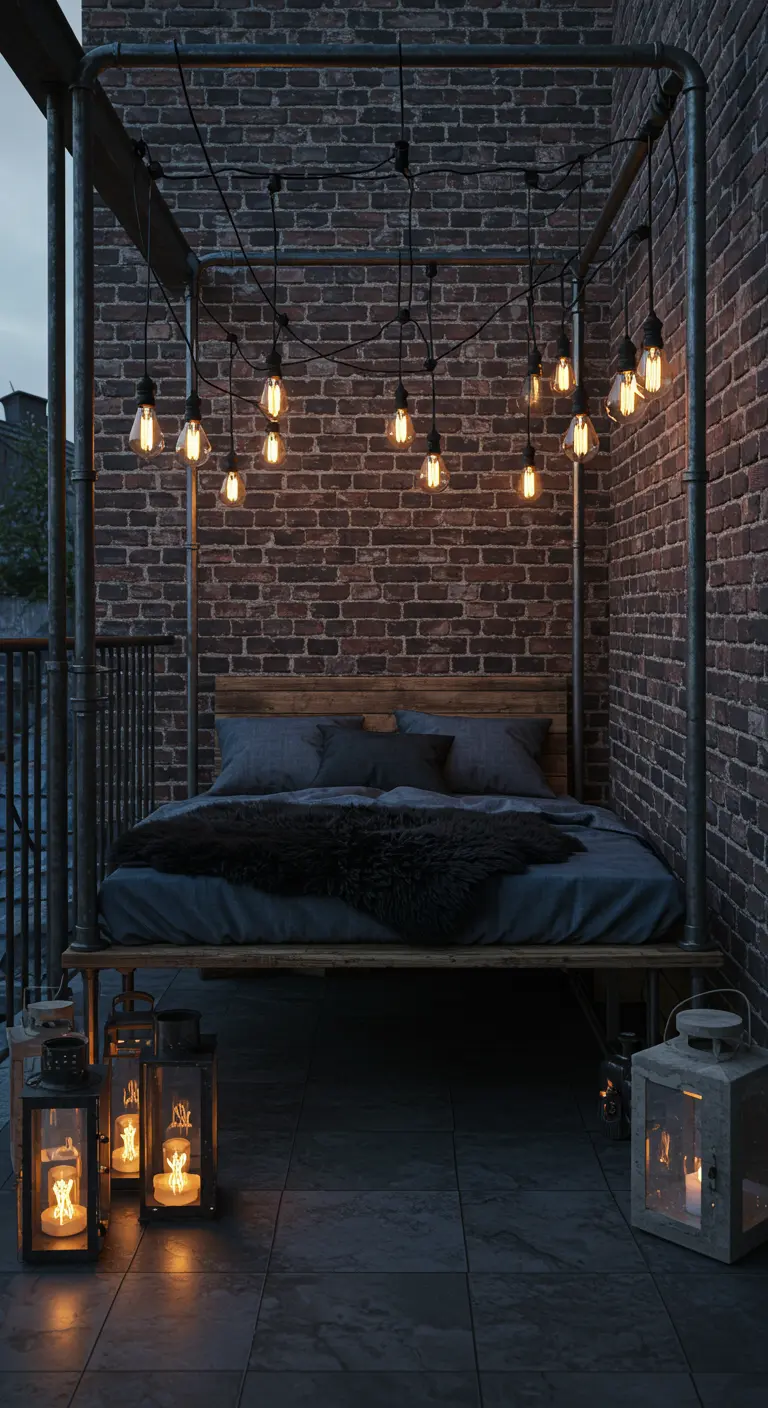 A metal pipe canopy bed with Edison bulbs against a brick wall on a balcony.