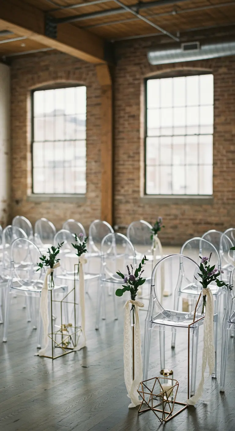 Ghost chairs in a loft with gold geometric lanterns and lavender decor.