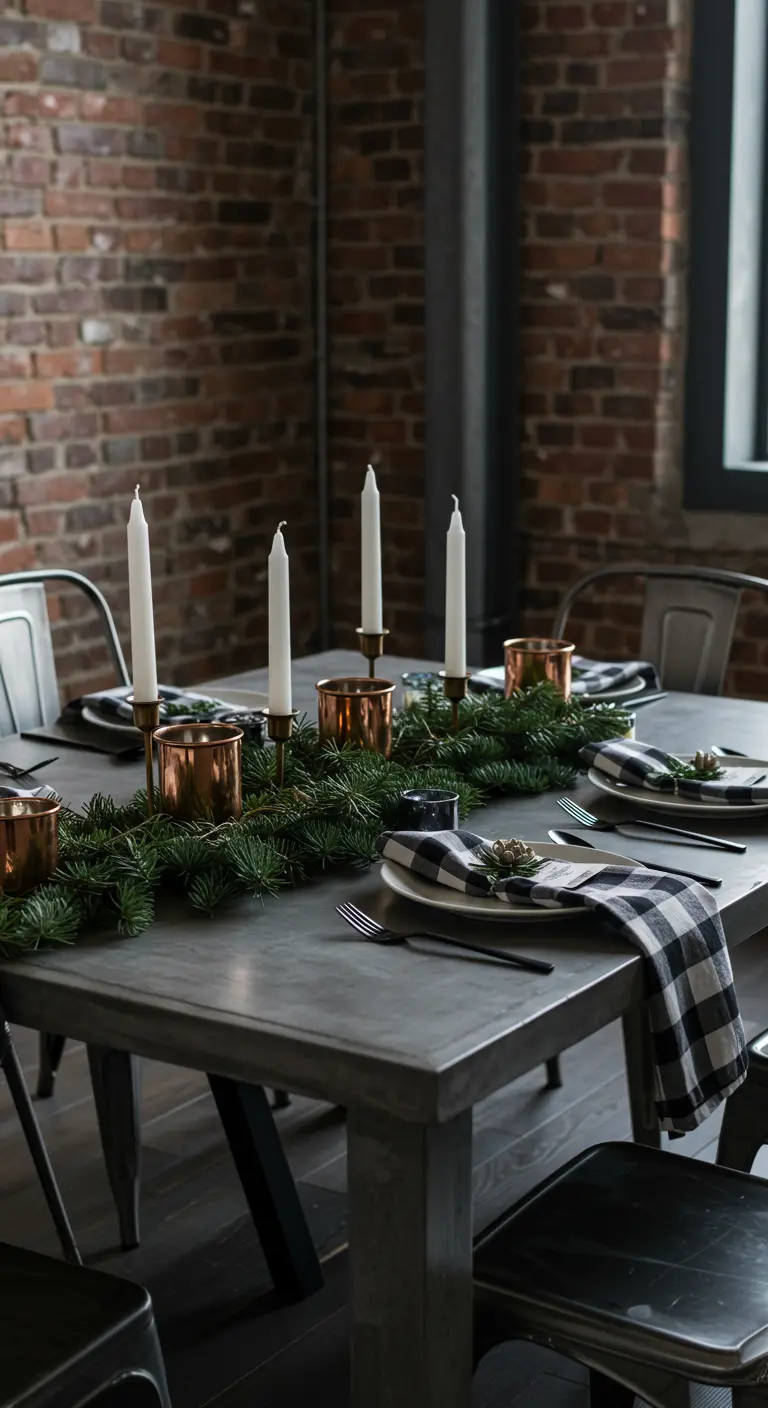 Industrial dining table with evergreen garland, copper mugs, and white taper candles.