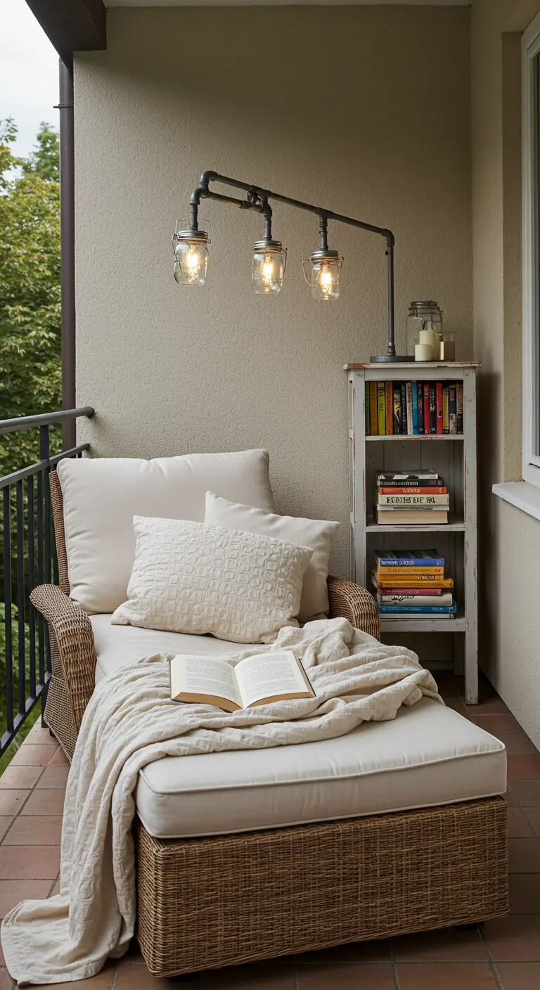A cozy wicker chaise lounge on a balcony with a unique industrial pipe lamp and bookshelf.