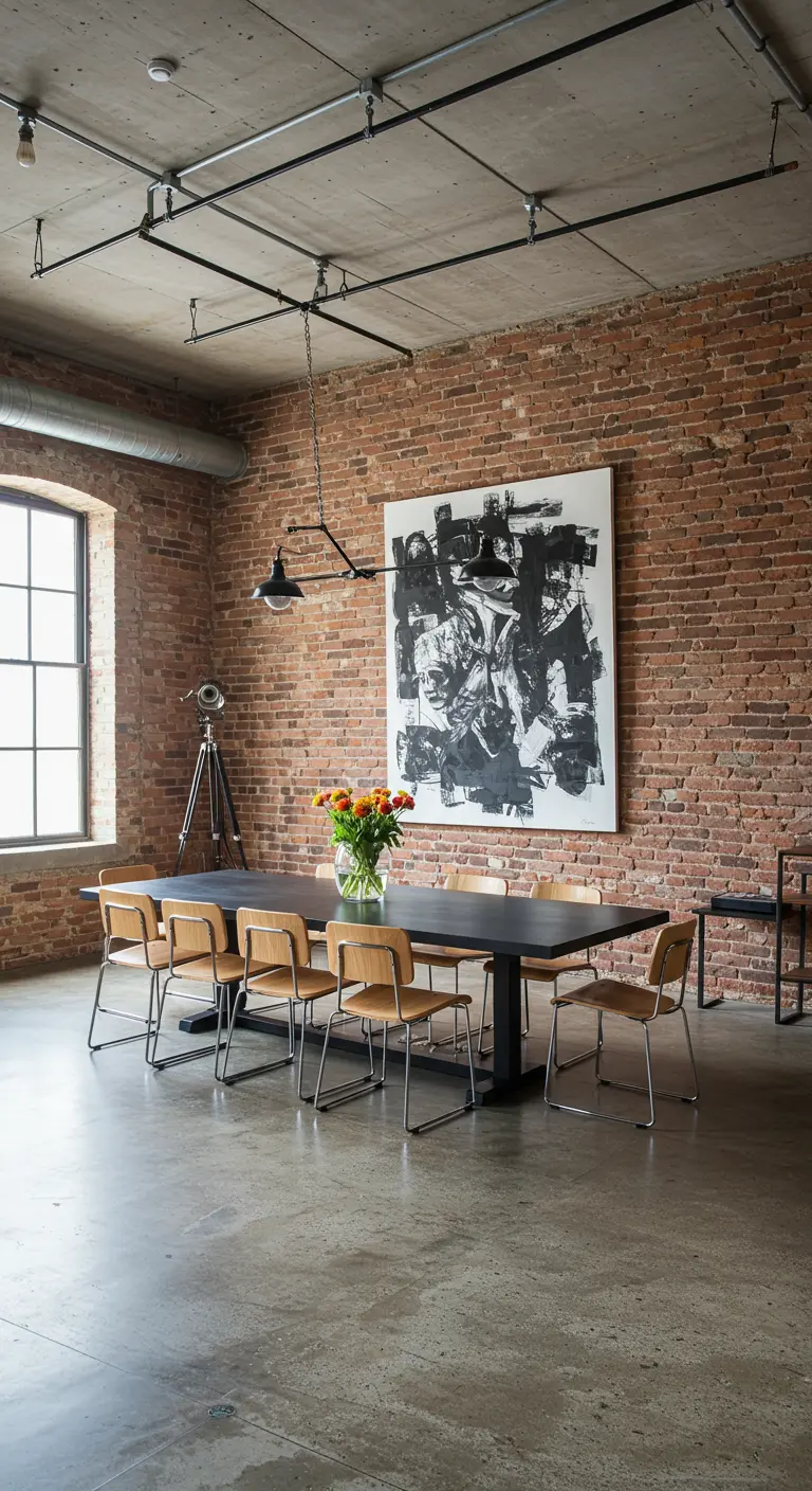 Industrial loft dining room with a long matte black table and light wood chairs.
