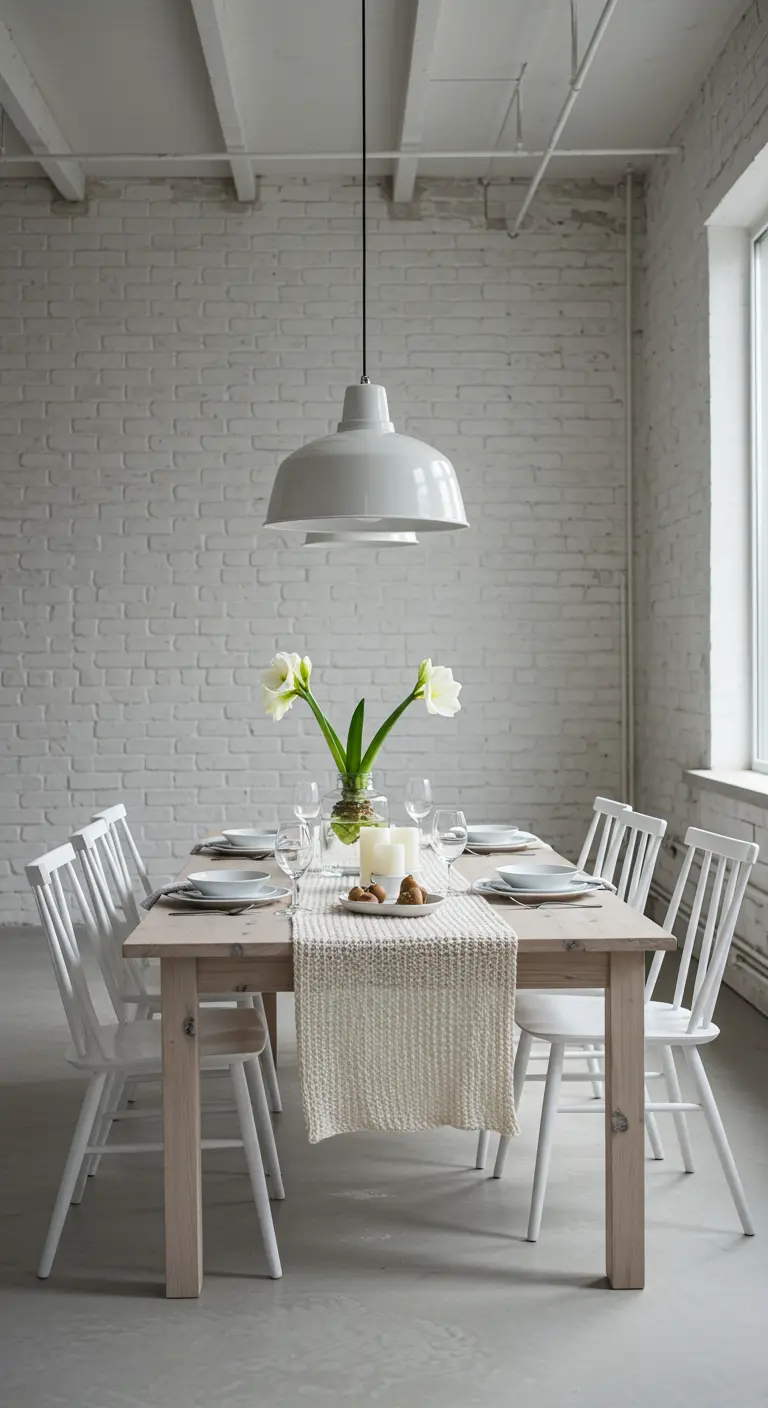 Minimalist dining table with a knit runner in a white brick industrial loft.