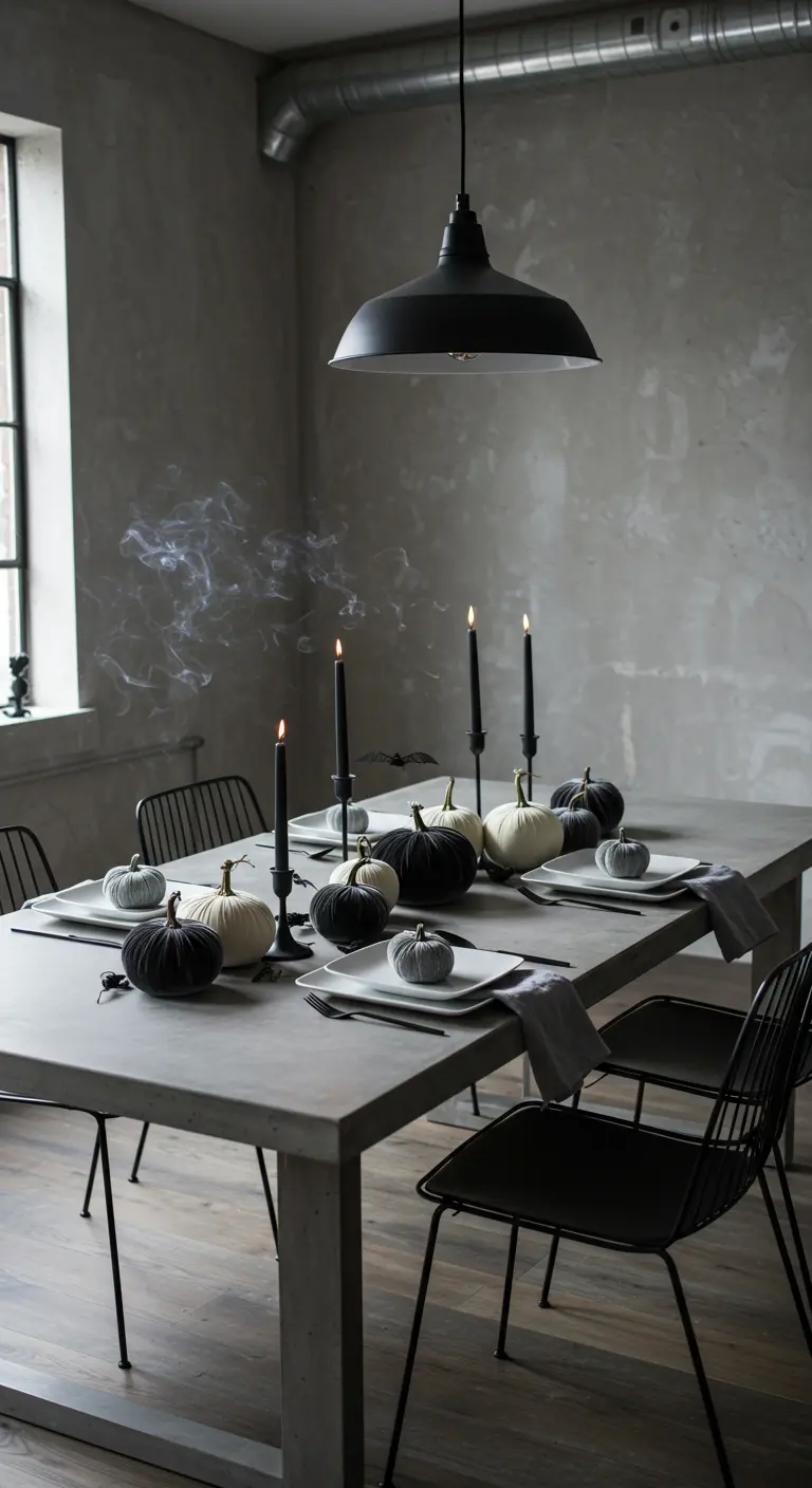 Minimalist Halloween table with black and white velvet pumpkins on a concrete surface.