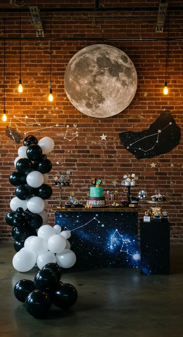 An exposed brick wall decorated with a large moon and constellation decals for a party.