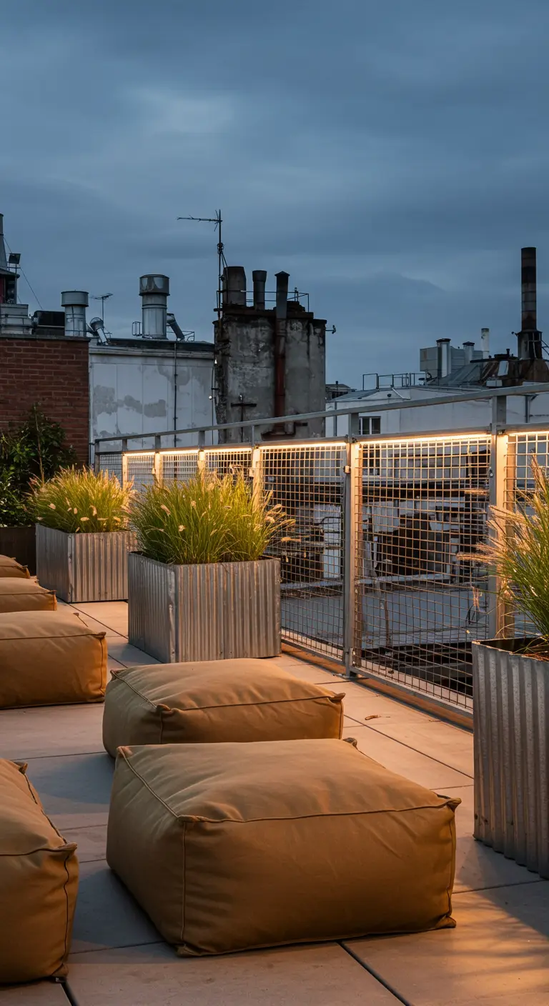 Industrial-style rooftop with canvas poufs, metal planters with grasses, and a wire mesh fence.