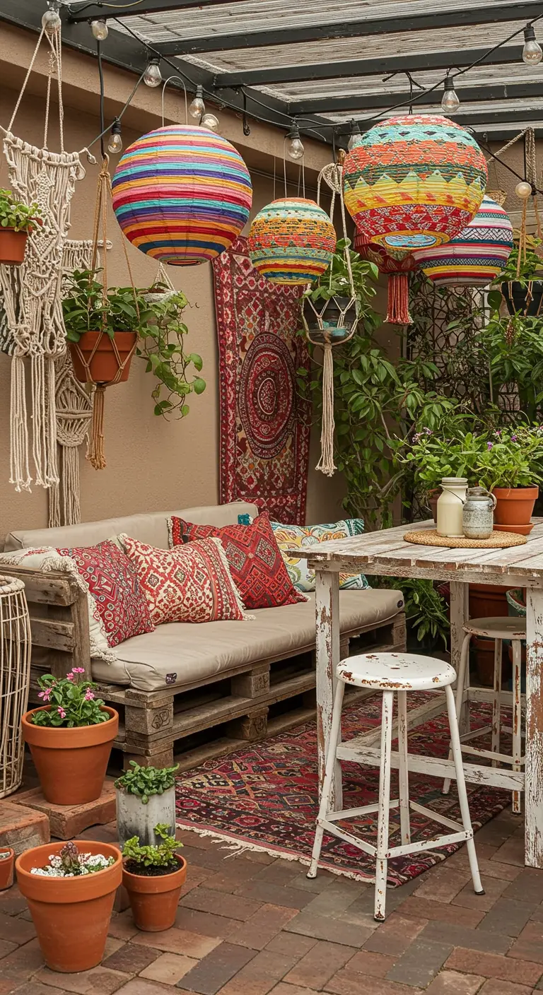A bohemian patio with a distressed white stool, macrame, and colorful textiles.