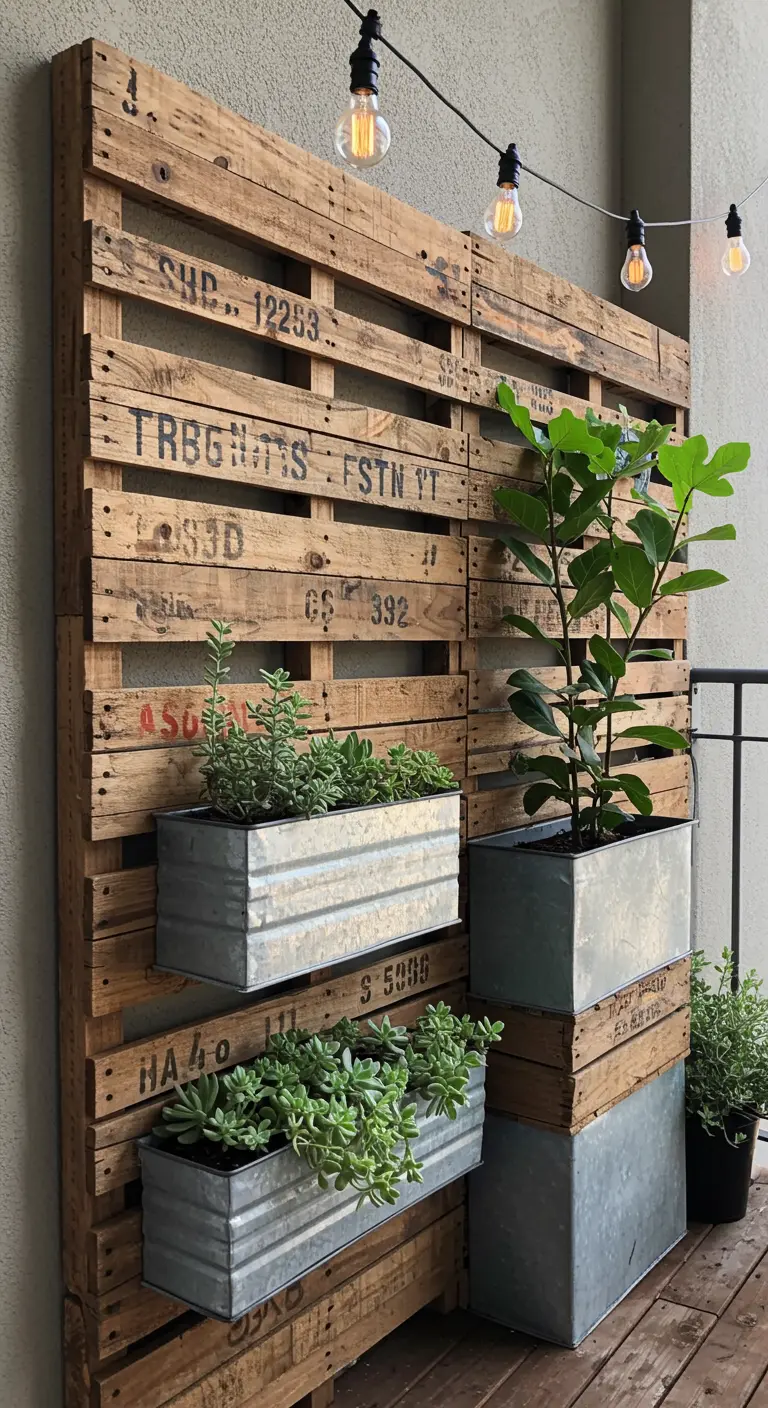 Stacked pallets with industrial stenciling, holding galvanized metal planter boxes with succulents and a fig tree.