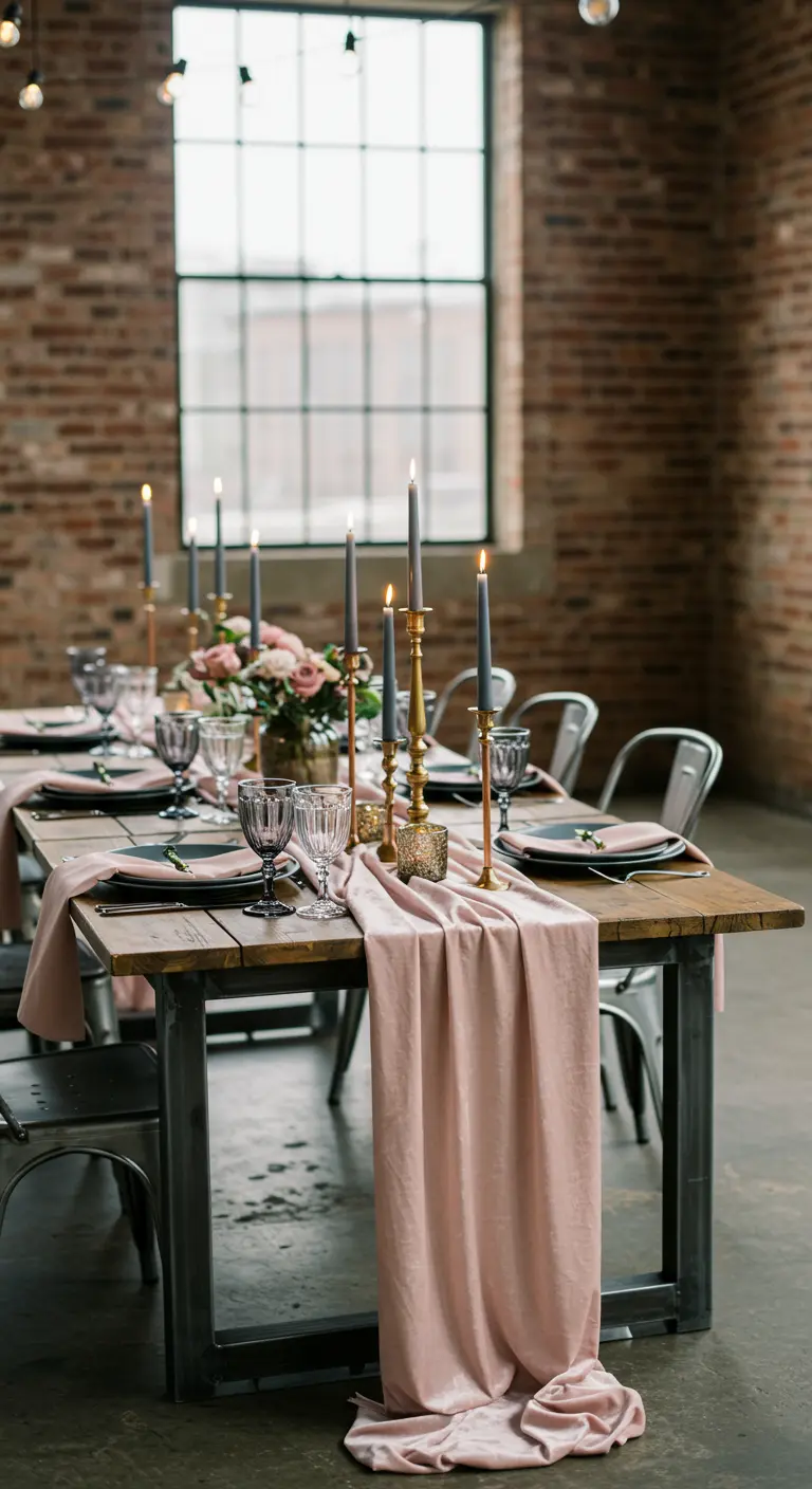 An industrial-style table with a blush velvet runner, gray candles, and metal chairs in a brick room.