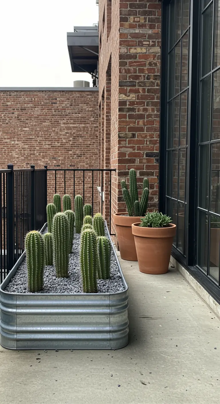 A galvanized steel trough planter filled with cacti on an industrial-style balcony.