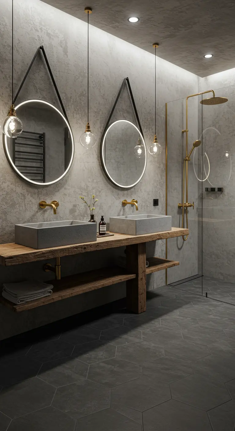 Industrial bathroom with concrete walls, wood vanity, and hanging pendant lights.