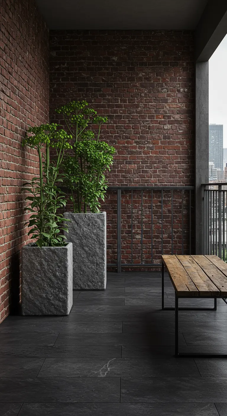 Two large stone planters with lush plants against a red brick wall.