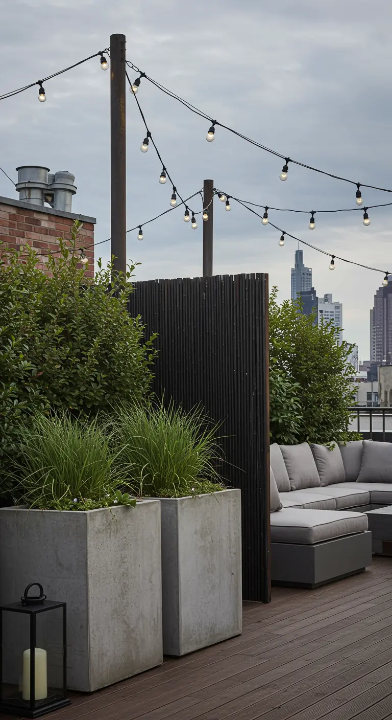 Rooftop deck with large concrete planters, a gray sectional sofa, and string lights