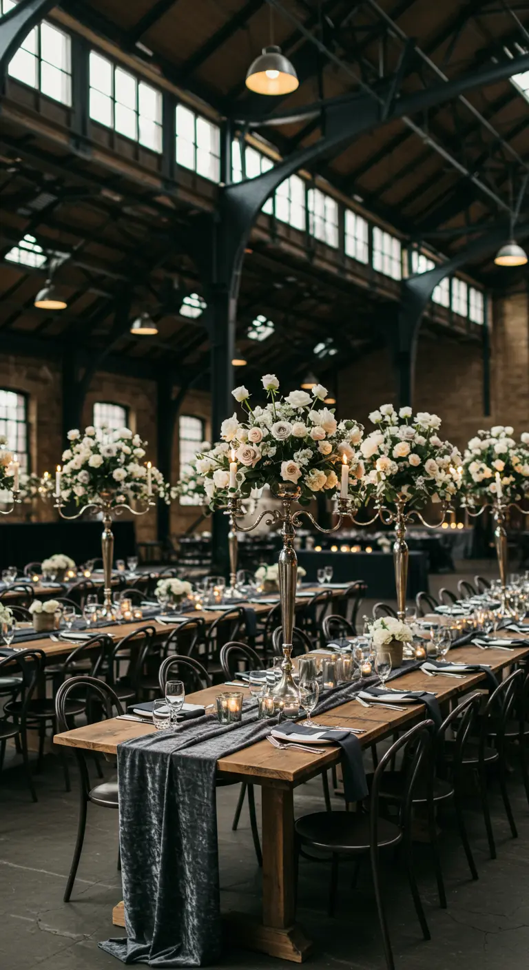 Long wooden tables in an industrial venue with gray velvet runners and tall silver candelabras.