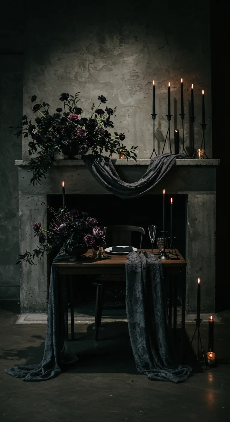 A concrete mantel with dark purple flowers, black candles, and a grey lace runner.