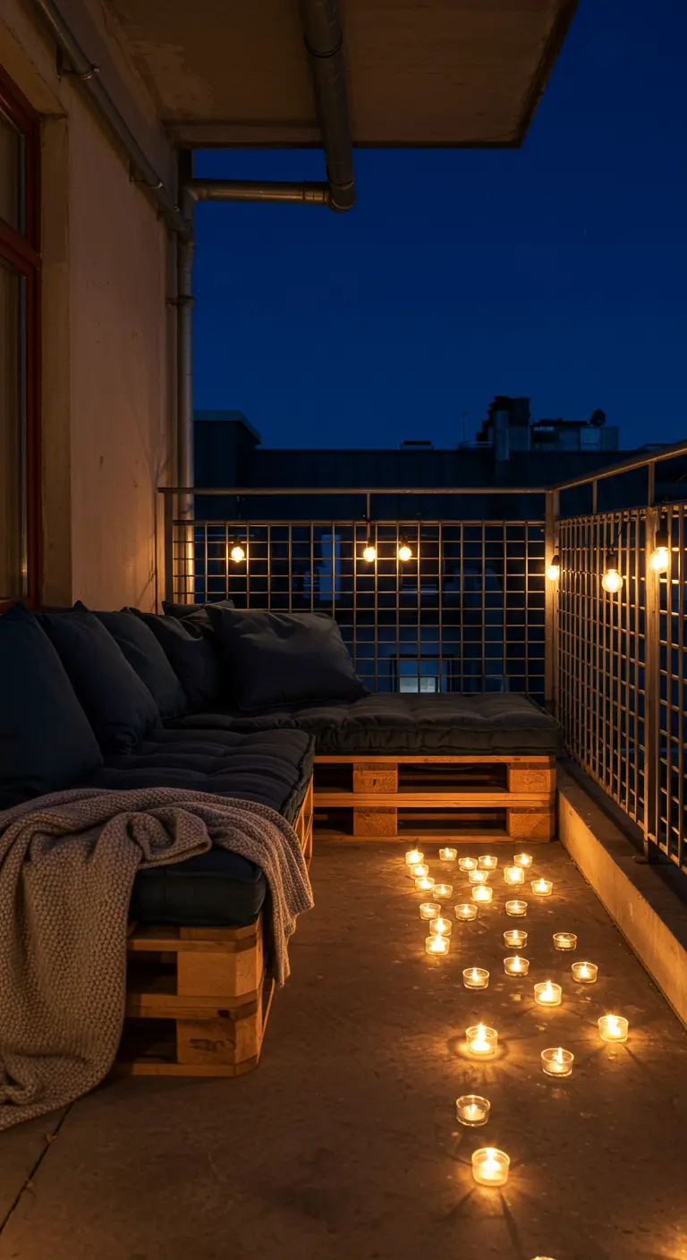 A balcony with a DIY sofa made of wood pallets, lit by many tea lights on the floor.