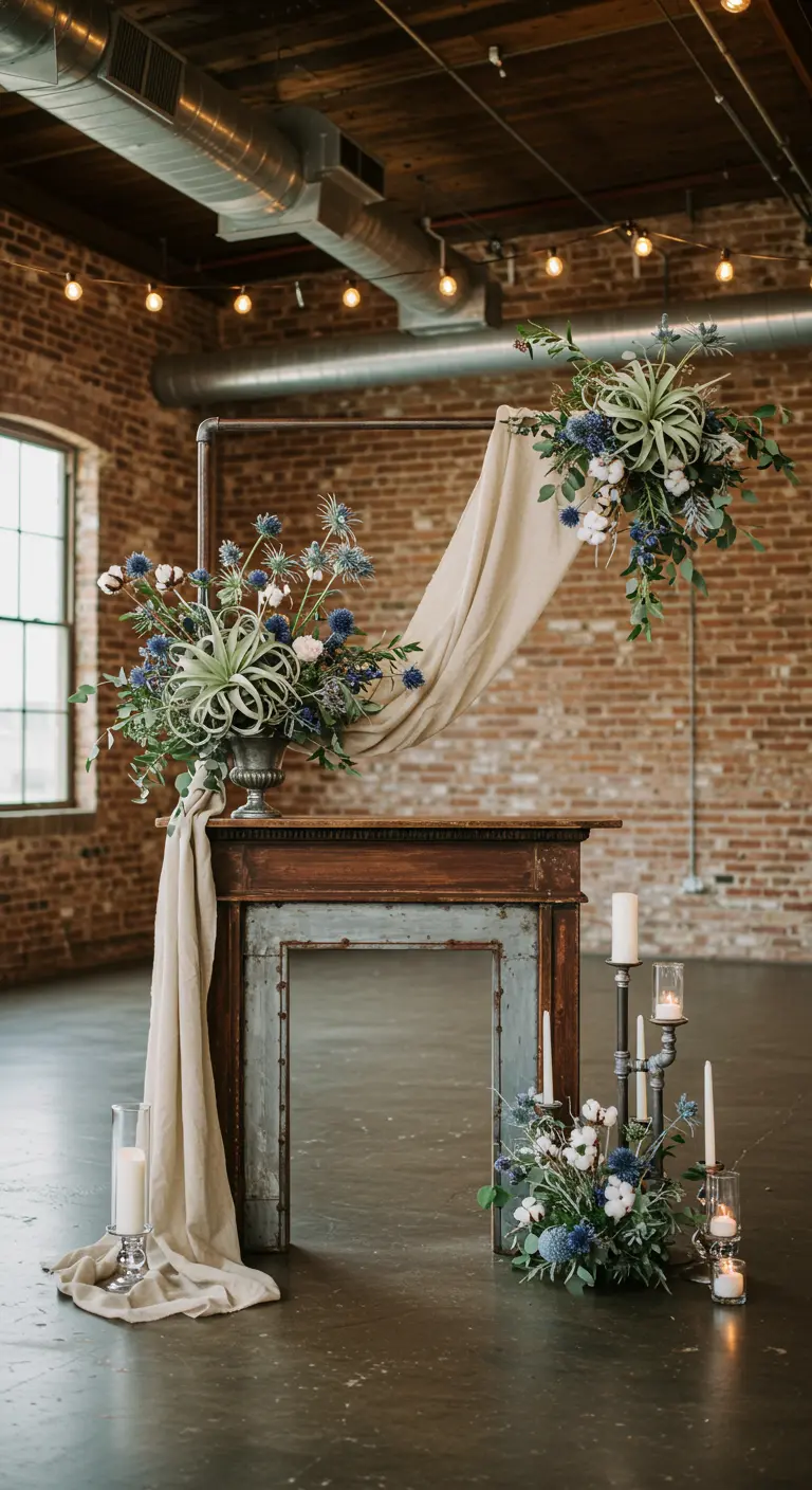 An industrial altar with a pipe frame, draped fabric, and air plant arrangements.