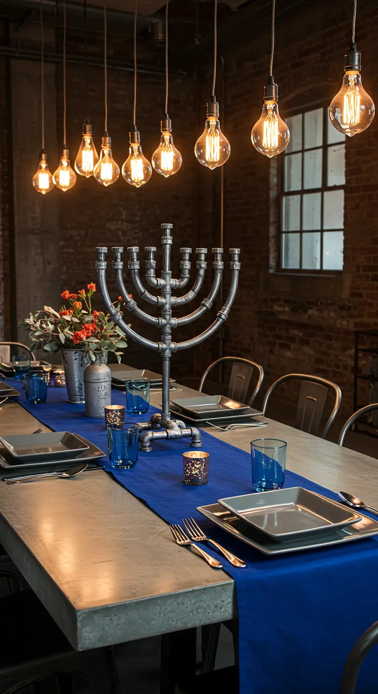 An industrial-style Hanukkah table with a menorah made of pipes and hanging Edison bulbs.