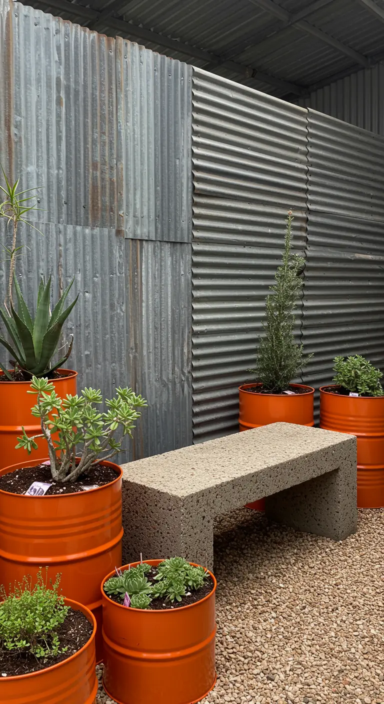 A rough concrete bench surrounded by bright orange planters made from oil drums against a metal wall.
