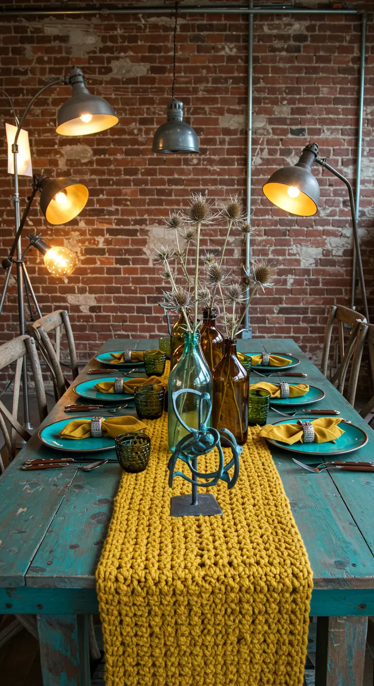 Industrial dining setting with a bright yellow knit runner and colored glass bottles.